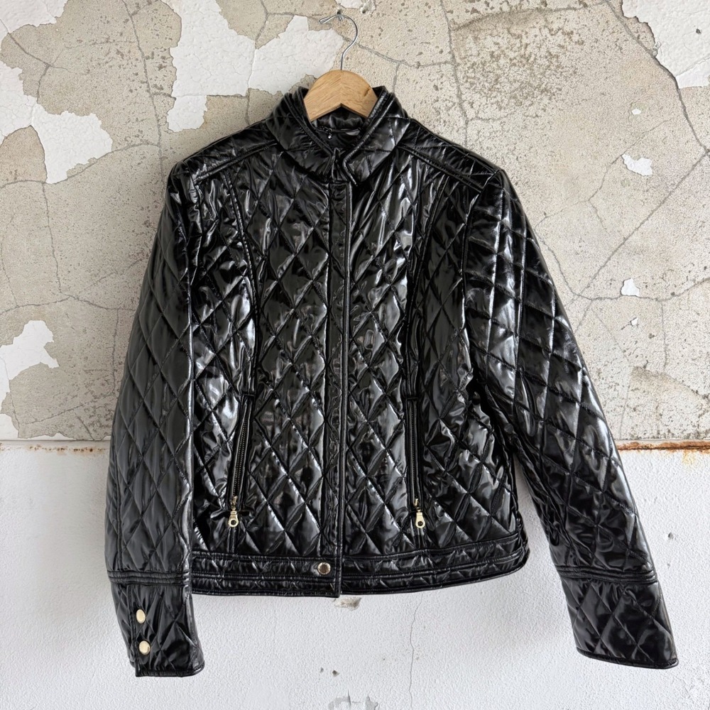 Laundry Shelli Segal Quilted Jacket Patent Puffer Moto Coat Zebra Print Women XL